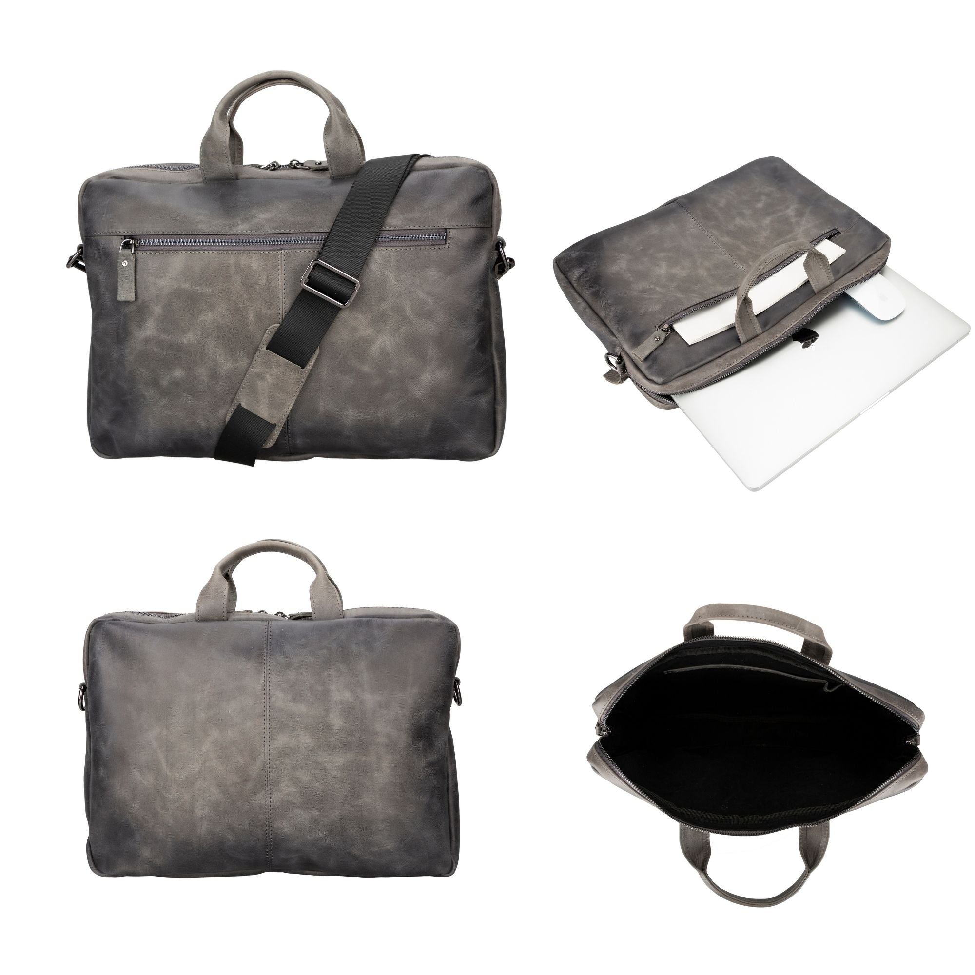 Afton MacBook Leather Sleeve and Bag showcasing genuine leather craftsmanship with adjustable shoulder strap and zippered compartments.